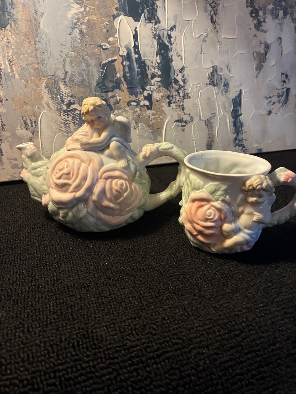 Vintage 1990s Avon Porcelain Cherub Rose Teapot in Pale Pink and Cream and Mug